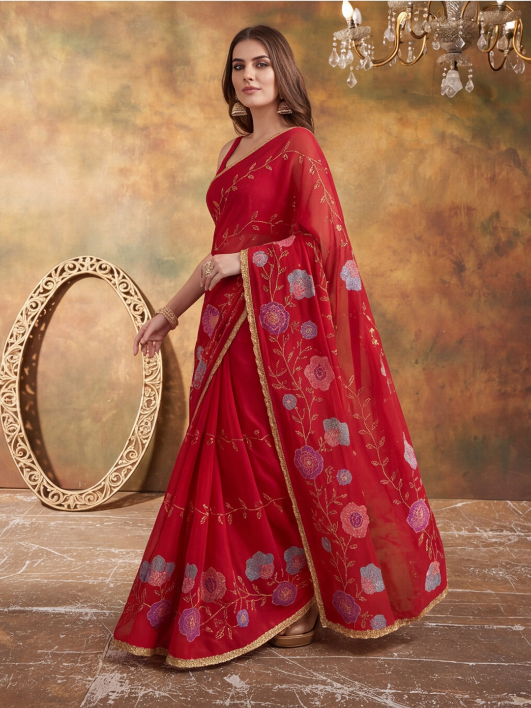 Georgette with Beads pipe and Multi threads work Saree With Unstitched Blouse Piece