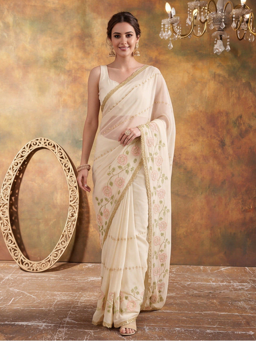 Georgette with Beads pipe and Multi threads work Saree With Unstitched Blouse Piece