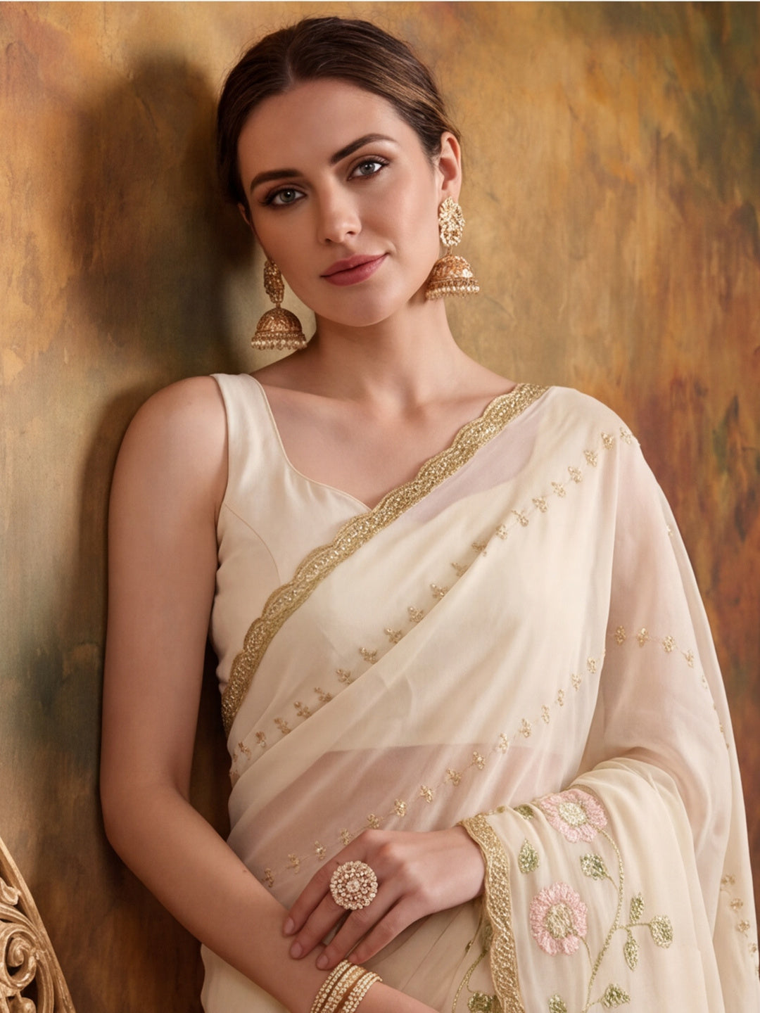 Georgette with Beads pipe and Multi threads work Saree With Unstitched Blouse Piece