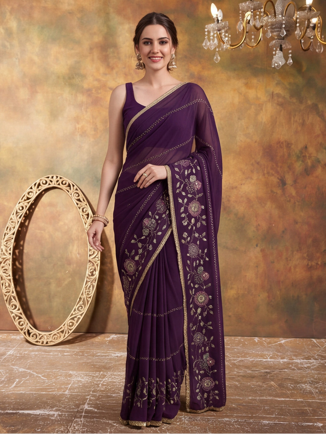 Georgette with Beads pipe and Multi threads work Saree With Unstitched Blouse Piece