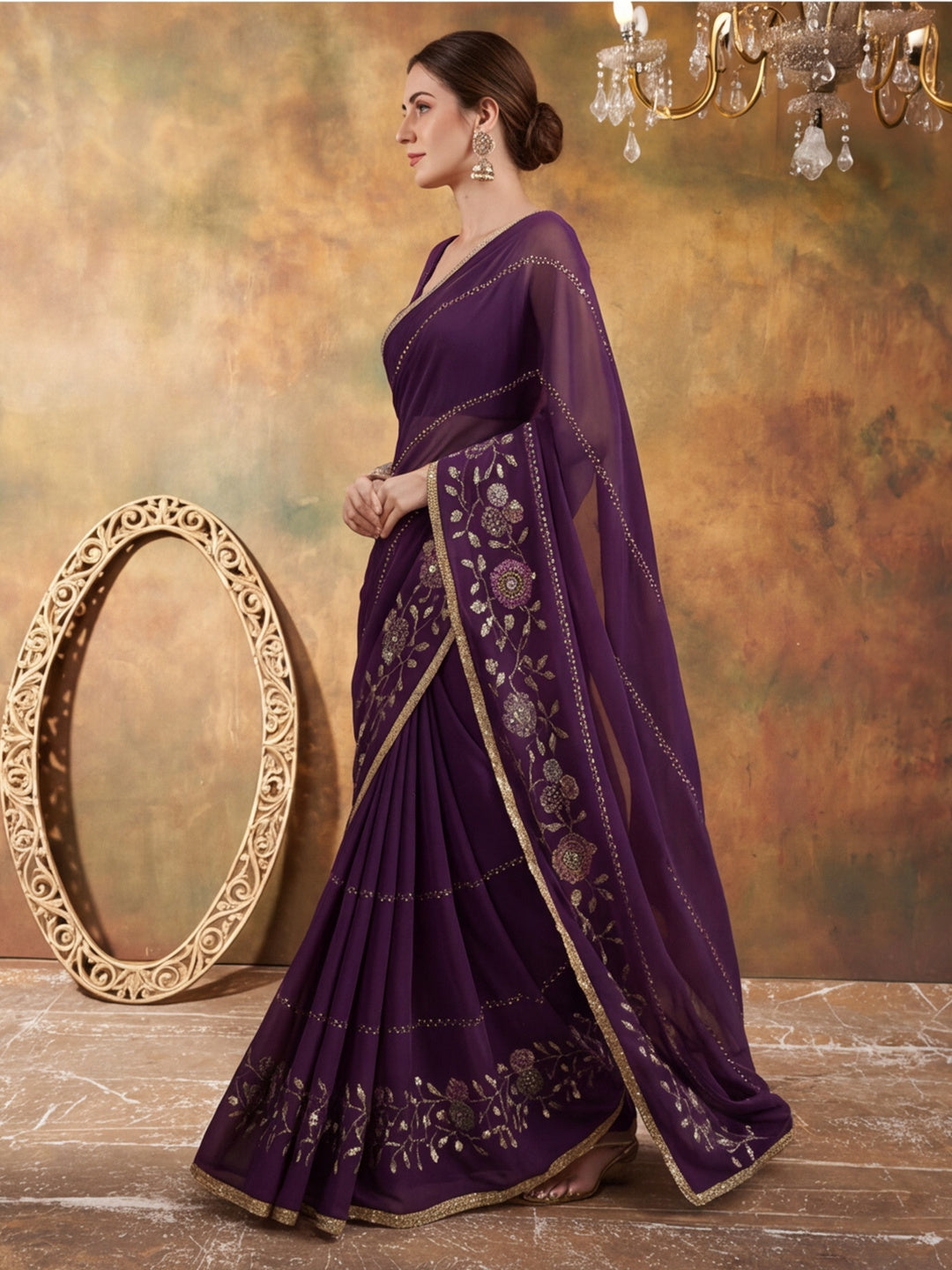 Georgette with Beads pipe and Multi threads work Saree With Unstitched Blouse Piece