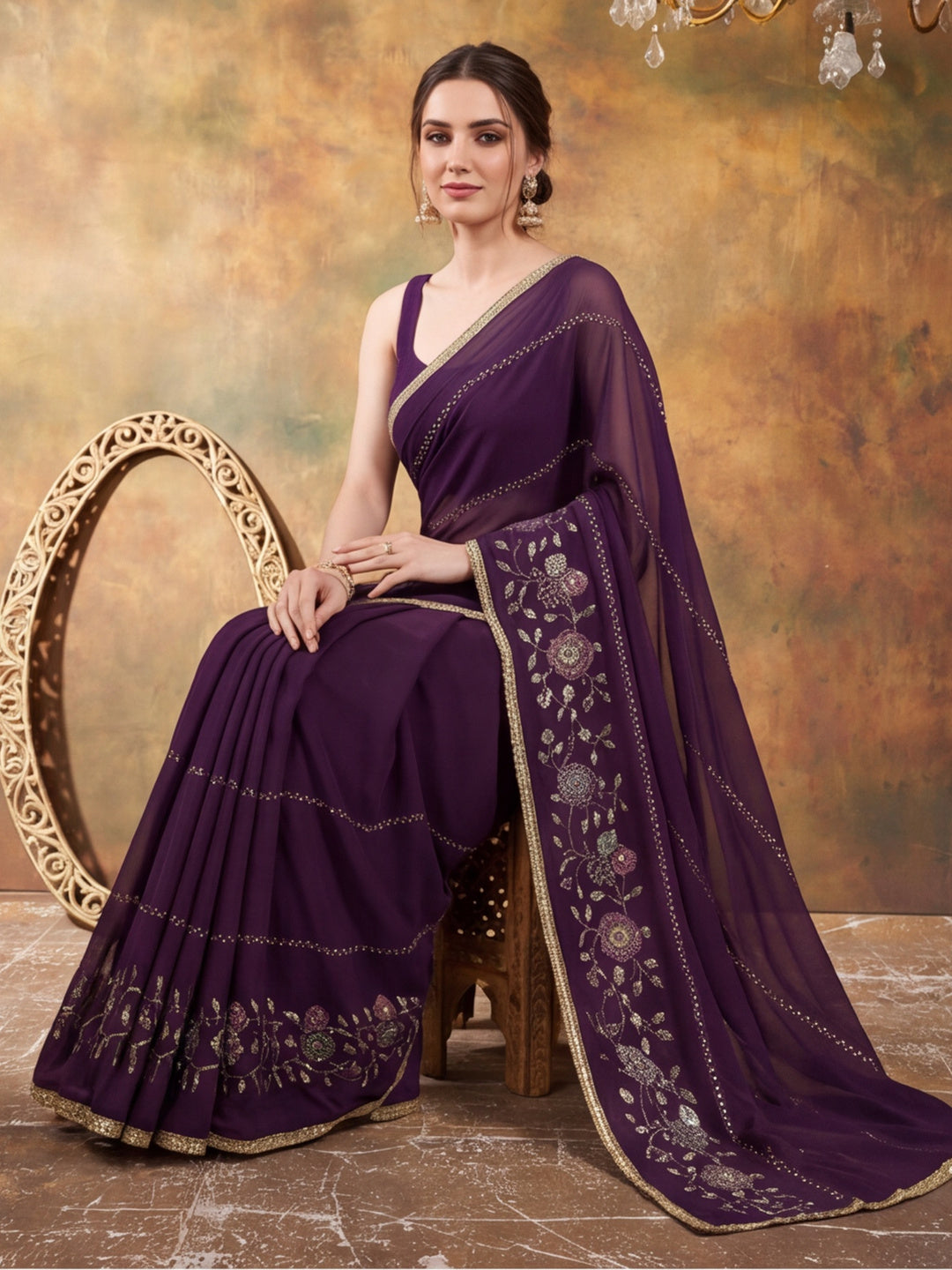 Georgette with Beads pipe and Multi threads work Saree With Unstitched Blouse Piece
