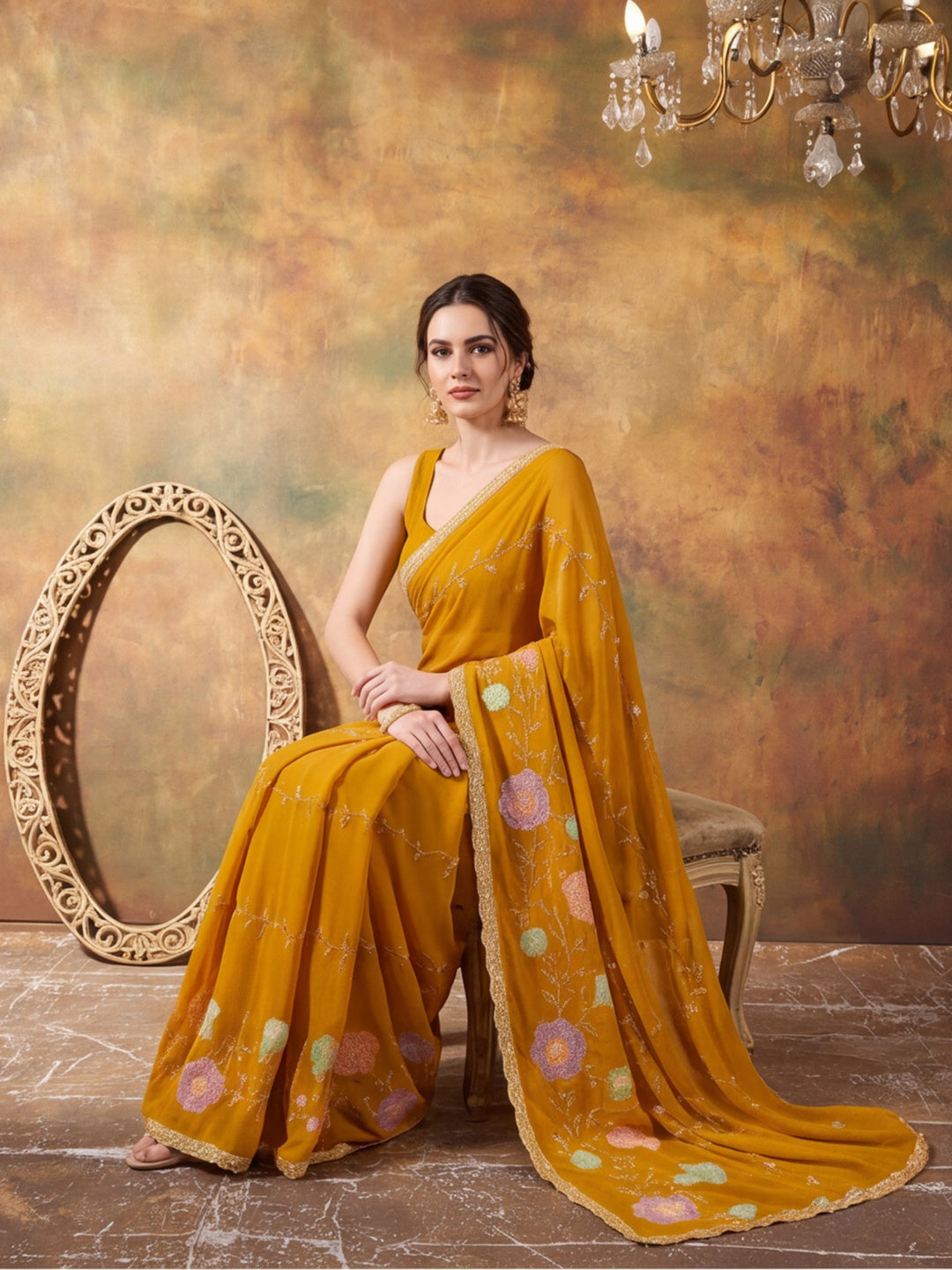 Georgette with Beads pipe and Multi threads work Saree With Unstitched Blouse Piece