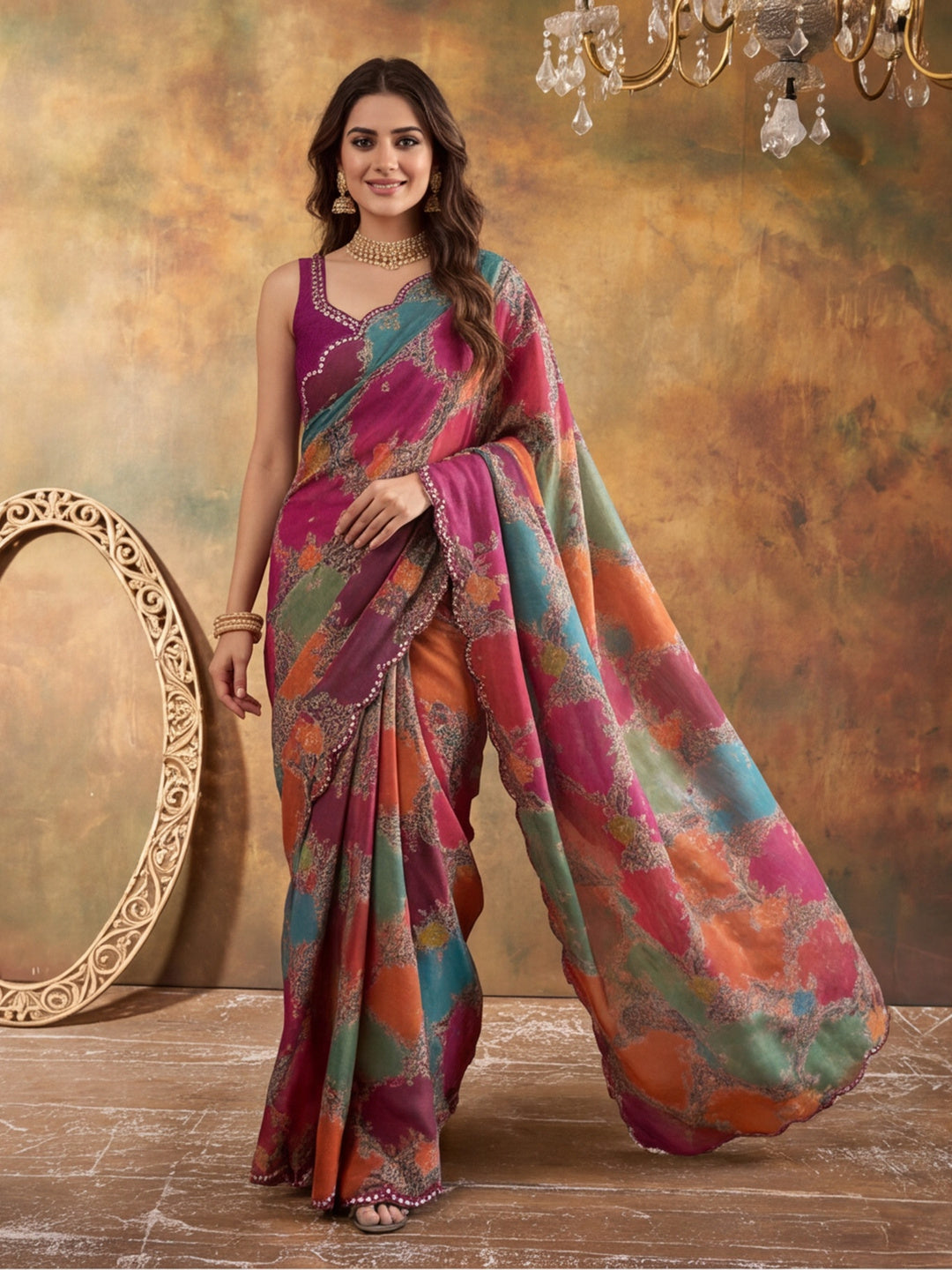Women Lightweight Printed Beautiful Mirror Work Border Saree With Unstitched Blouse Piece