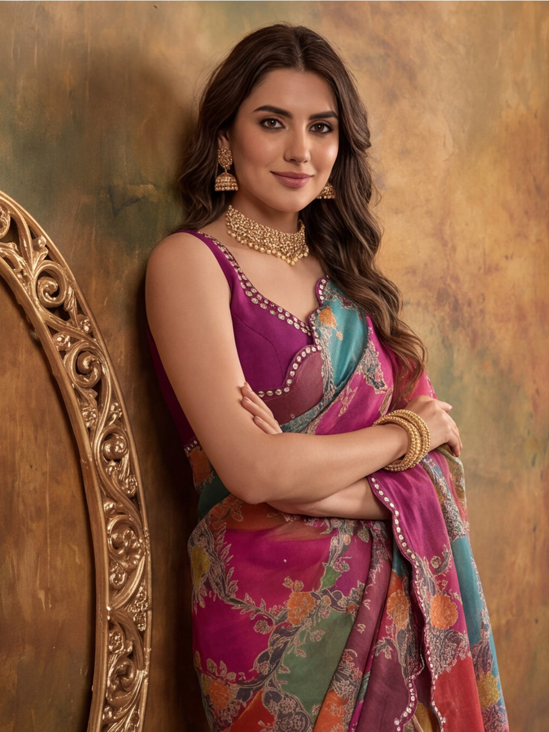 Women Lightweight Printed Beautiful Mirror Work Border Saree With Unstitched Blouse Piece