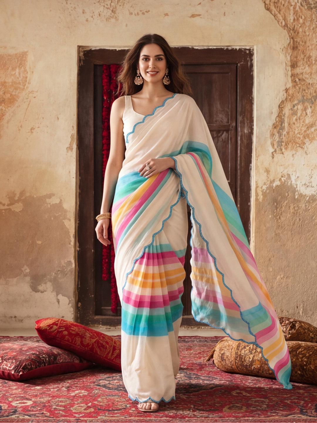 Women Lightweight Printed Beautiful Mirror Work Border Saree With Unstitched Blouse Piece