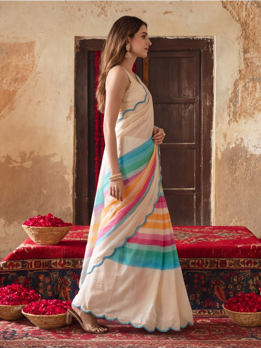 Women Lightweight Printed Beautiful Mirror Work Border Saree With Unstitched Blouse Piece