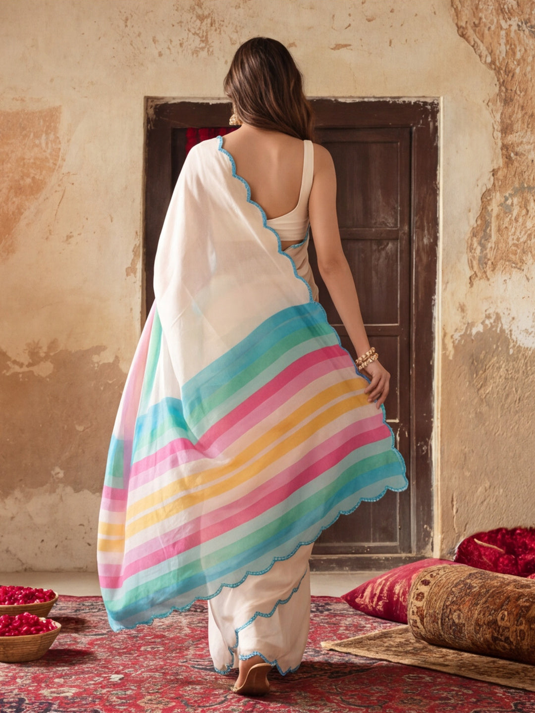 Women Lightweight Printed Beautiful Mirror Work Border Saree With Unstitched Blouse Piece