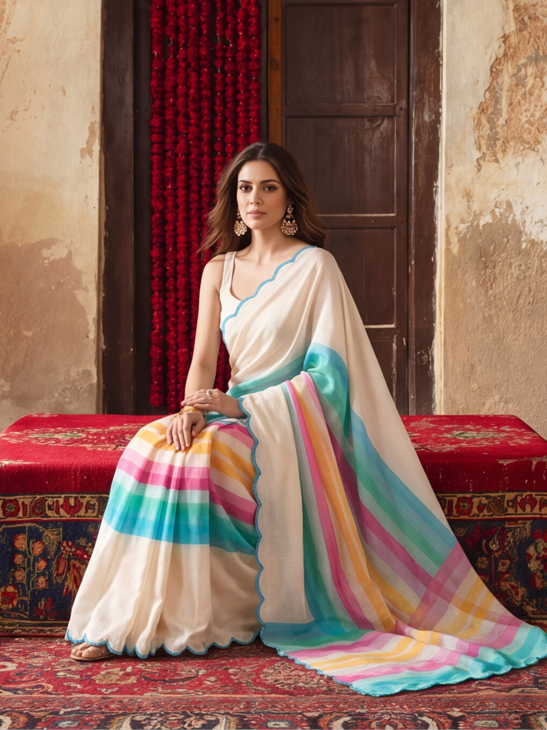 Women Lightweight Printed Beautiful Mirror Work Border Saree With Unstitched Blouse Piece