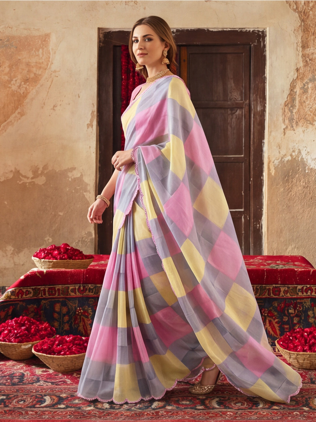 Women Lightweight Printed Beautiful Mirror Work Border Saree With Unstitched Blouse Piece