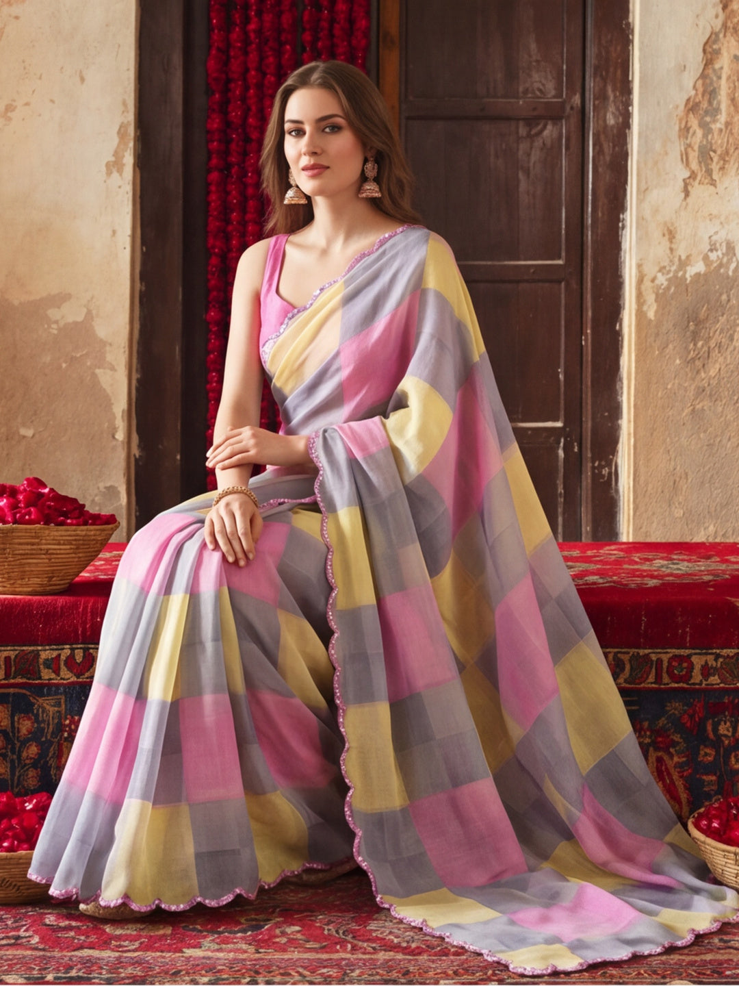 Women Lightweight Printed Beautiful Mirror Work Border Saree With Unstitched Blouse Piece
