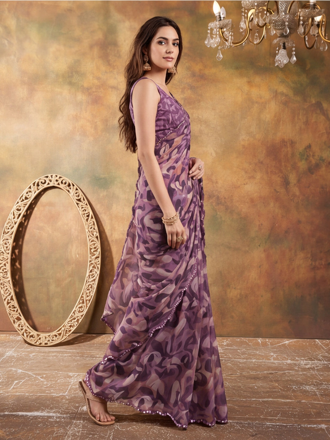 Women Lightweight Printed Beautiful Mirror Work Border Saree With Unstitched Blouse Piece
