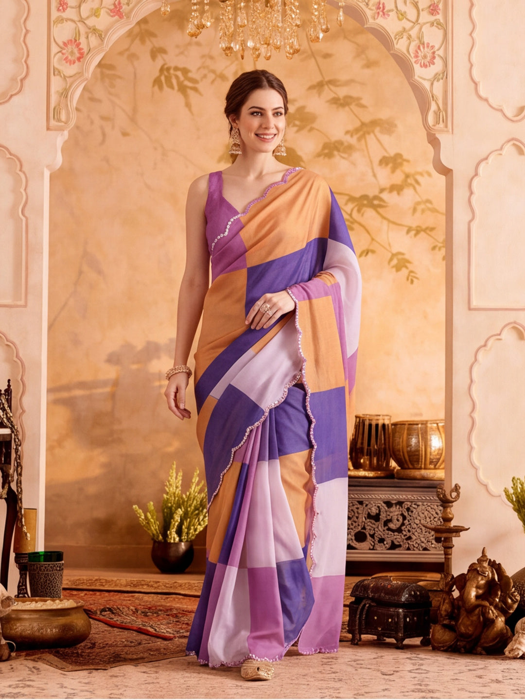 Women Lightweight Printed Beautiful Mirror Work Border Saree With Unstitched Blouse Piece