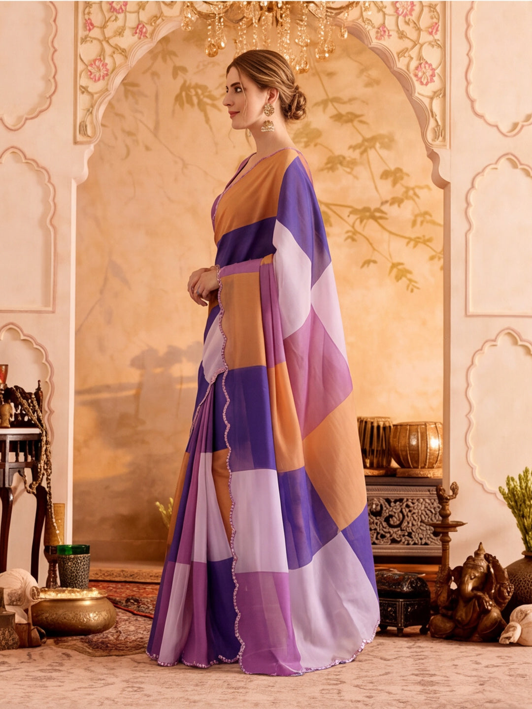 Women Lightweight Printed Beautiful Mirror Work Border Saree With Unstitched Blouse Piece