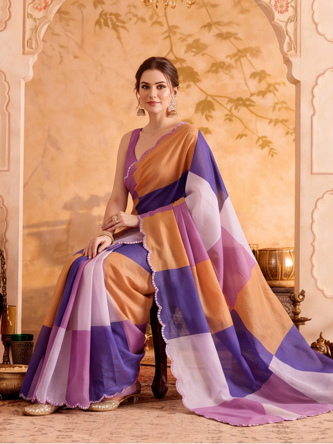 Women Lightweight Printed Beautiful Mirror Work Border Saree With Unstitched Blouse Piece