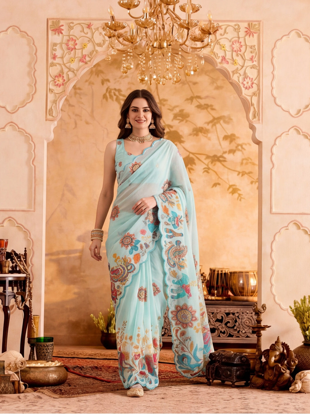 Women Lightweight Printed Beautiful Mirror Work Border Saree With Unstitched Blouse Piece