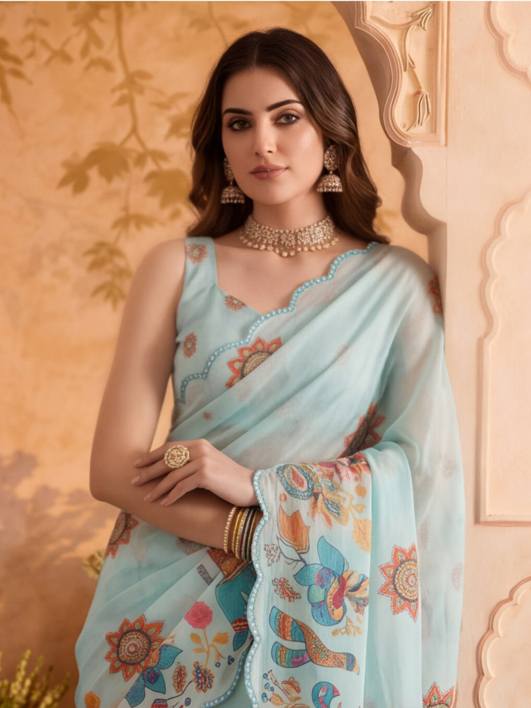 Women Lightweight Printed Beautiful Mirror Work Border Saree With Unstitched Blouse Piece