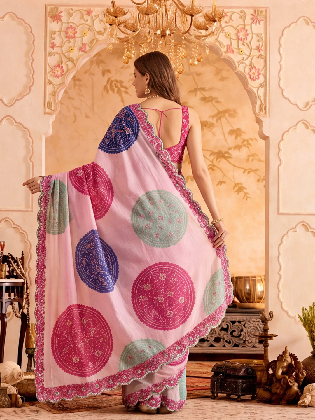 Women Lightweight Printed Beautiful Mirror Work Border Saree With Unstitched Blouse Piece