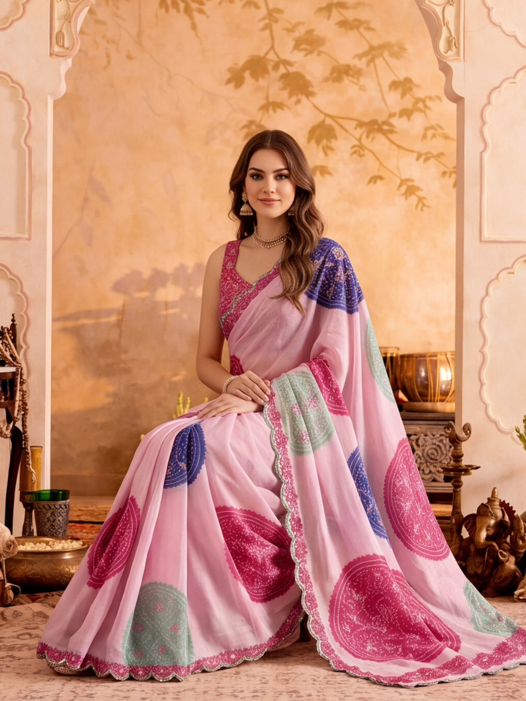 Women Lightweight Printed Beautiful Mirror Work Border Saree With Unstitched Blouse Piece