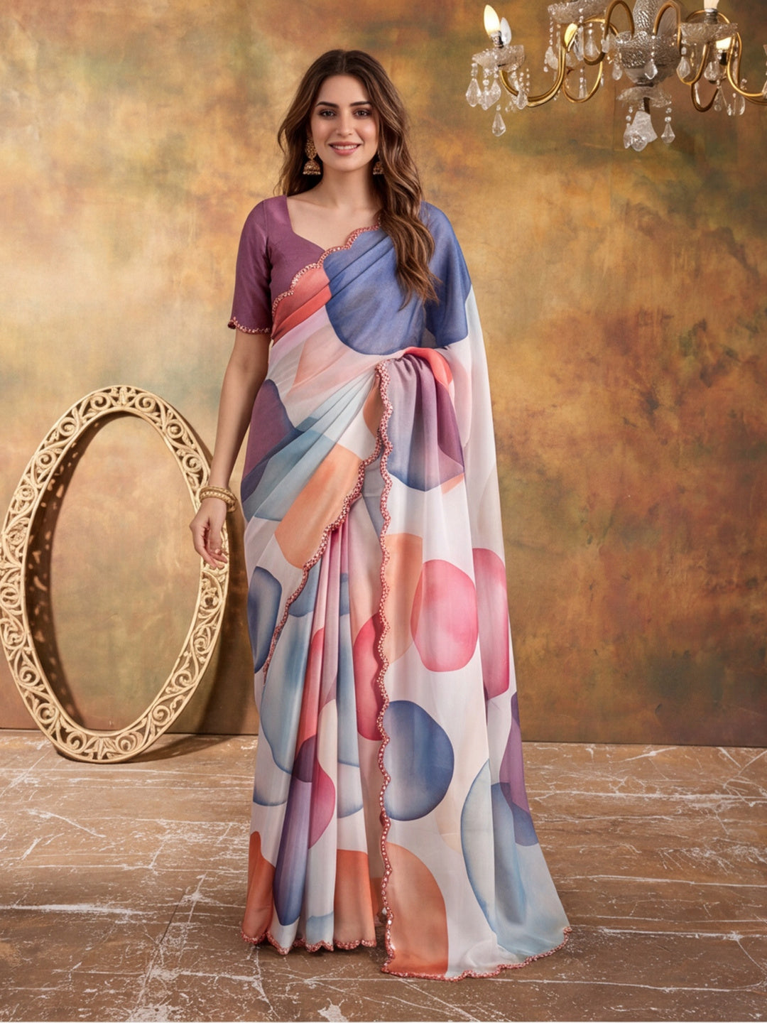 Women Lightweight Printed Beautiful Mirror Work Border Saree With Unstitched Blouse Piece