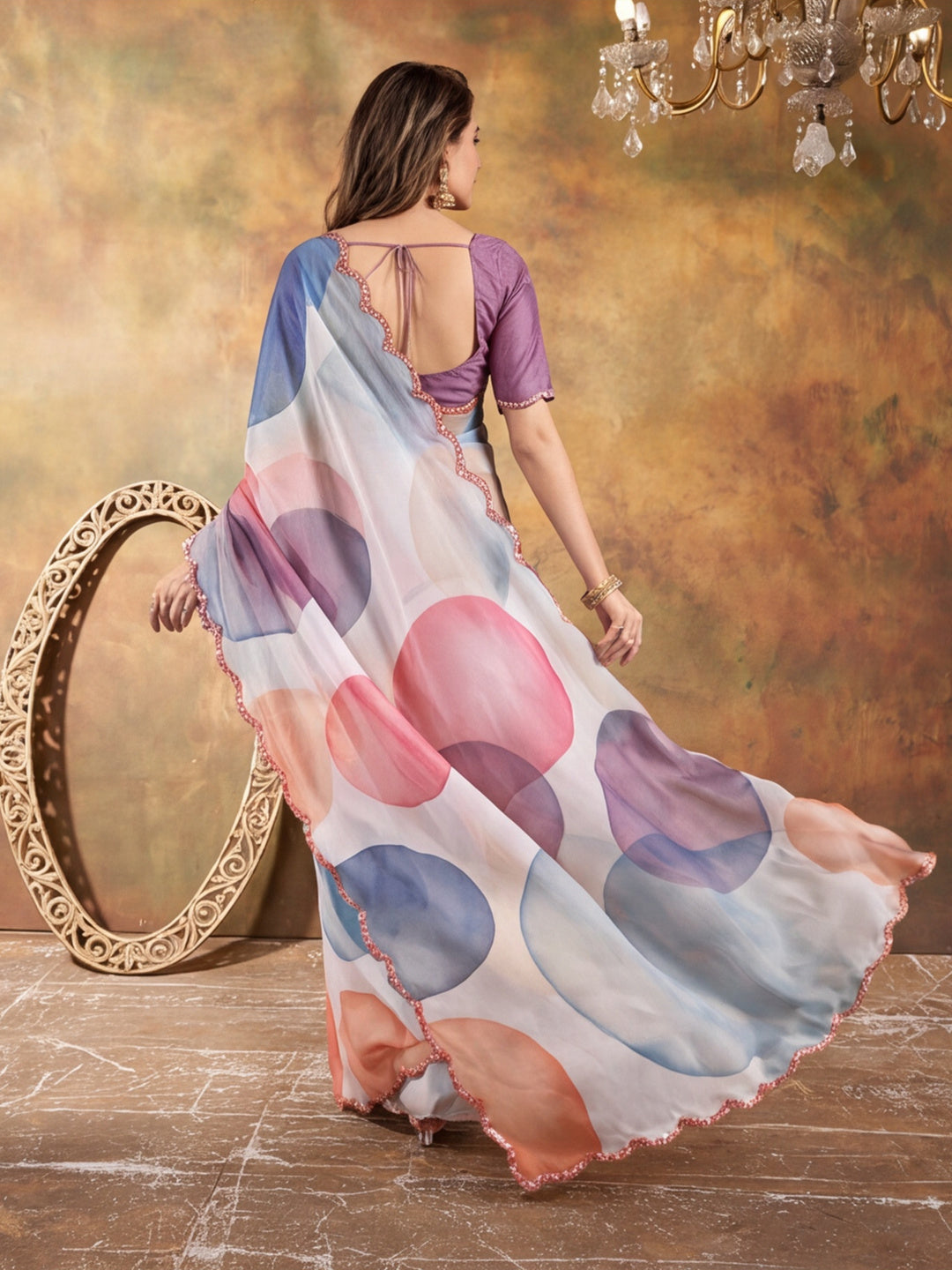 Women Lightweight Printed Beautiful Mirror Work Border Saree With Unstitched Blouse Piece