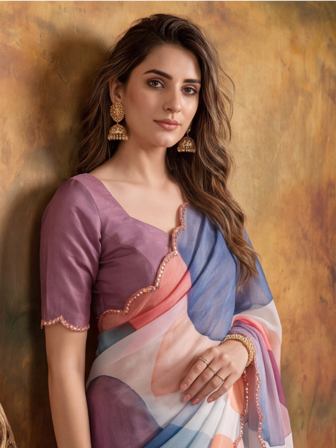 Women Lightweight Printed Beautiful Mirror Work Border Saree With Unstitched Blouse Piece