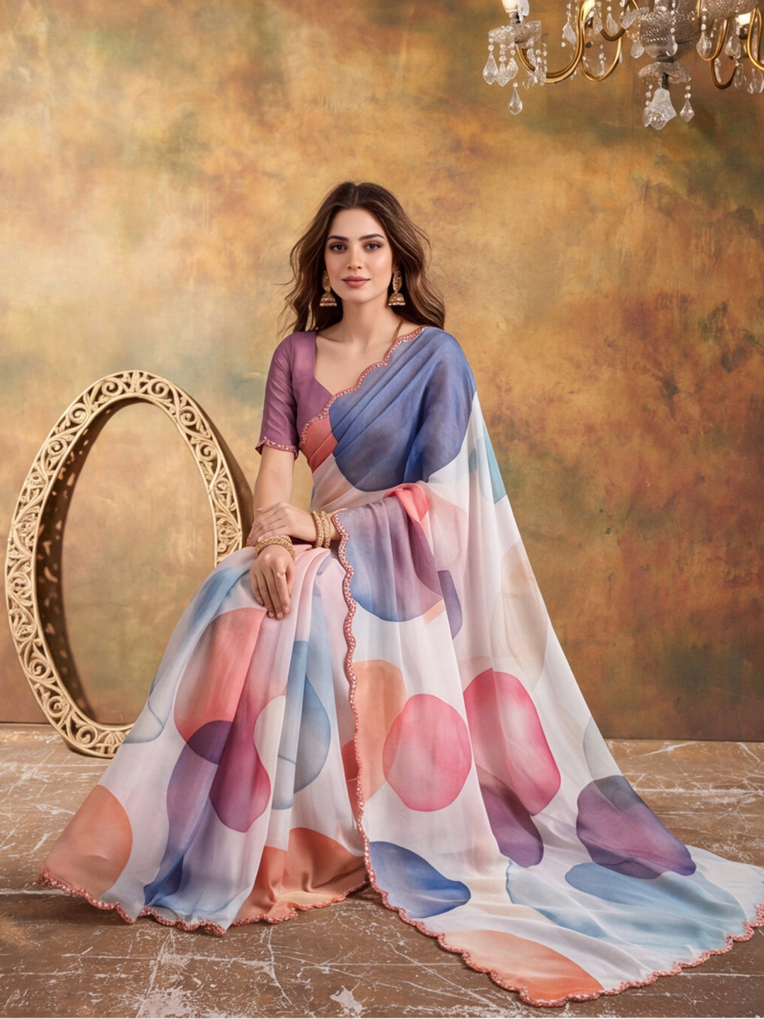 Women Lightweight Printed Beautiful Mirror Work Border Saree With Unstitched Blouse Piece