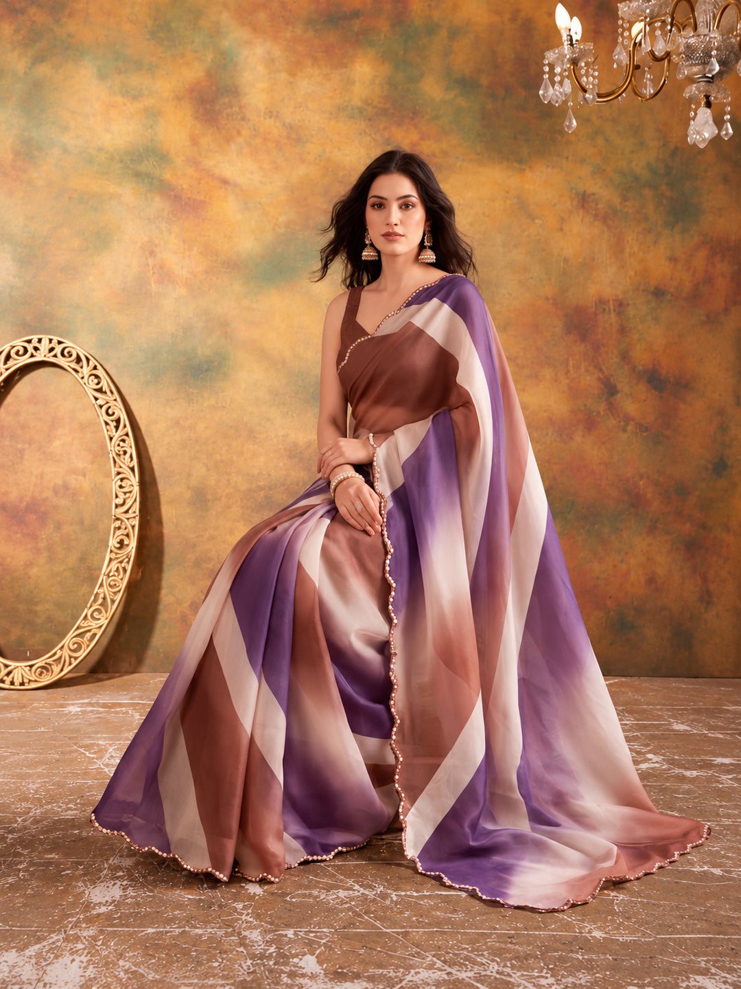 Women Lightweight Printed Beautiful Mirror Work Border Saree With Unstitched Blouse Piece