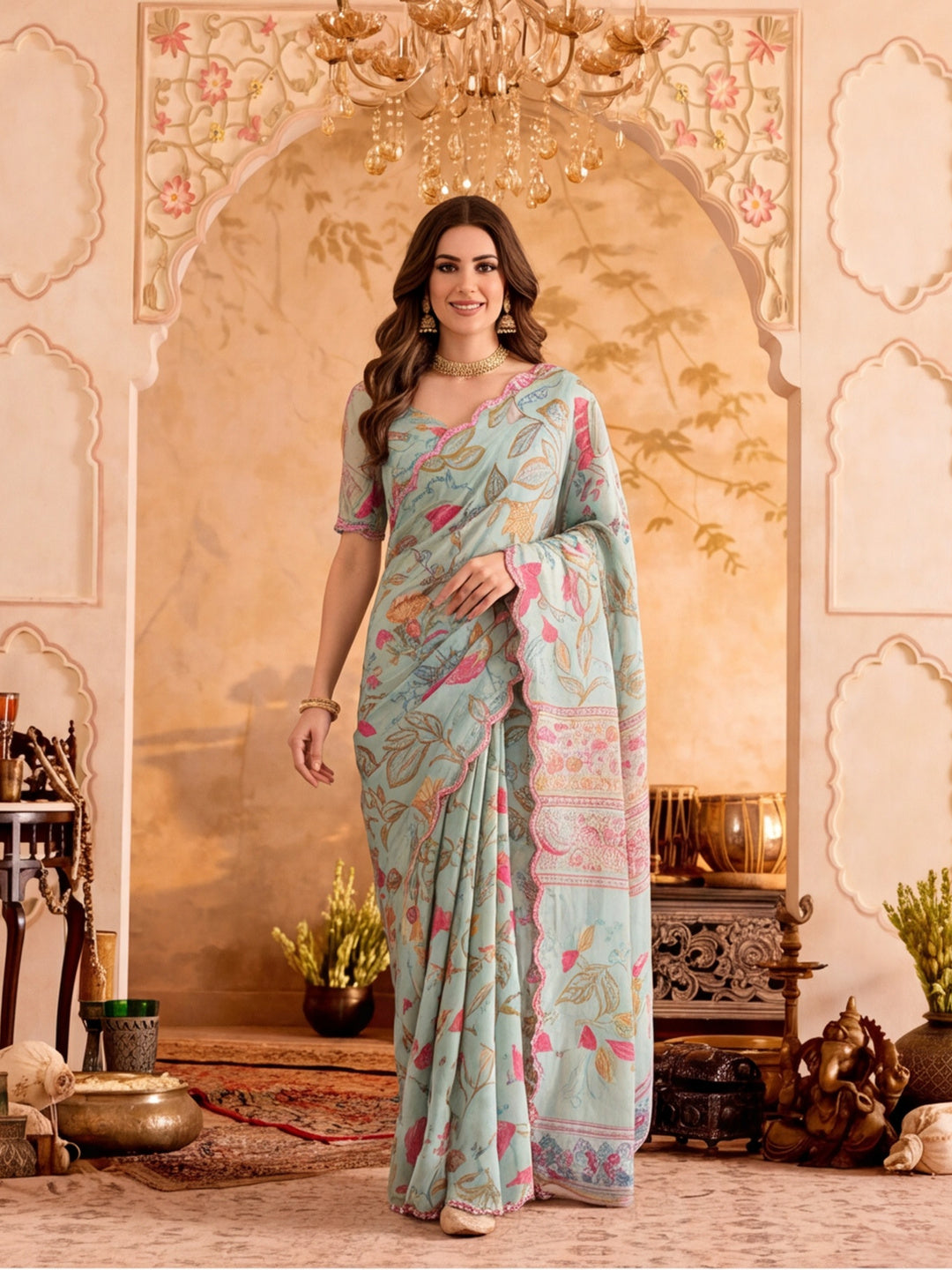 Women Lightweight Printed Beautiful Mirror Work Border Saree With Unstitched Blouse Piece
