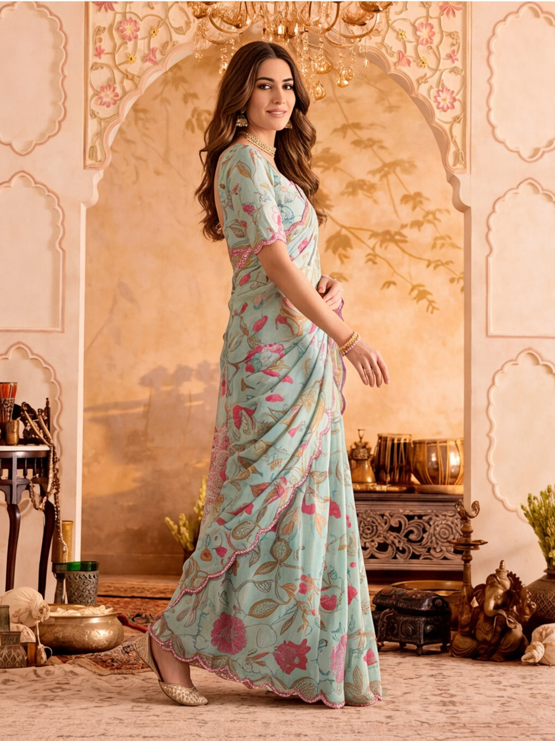 Women Lightweight Printed Beautiful Mirror Work Border Saree With Unstitched Blouse Piece