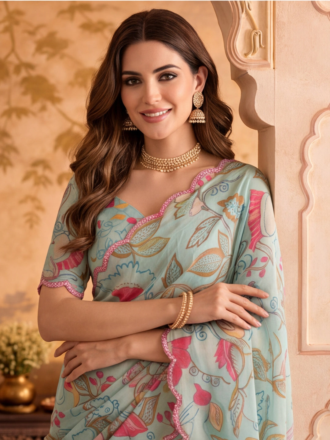 Women Lightweight Printed Beautiful Mirror Work Border Saree With Unstitched Blouse Piece