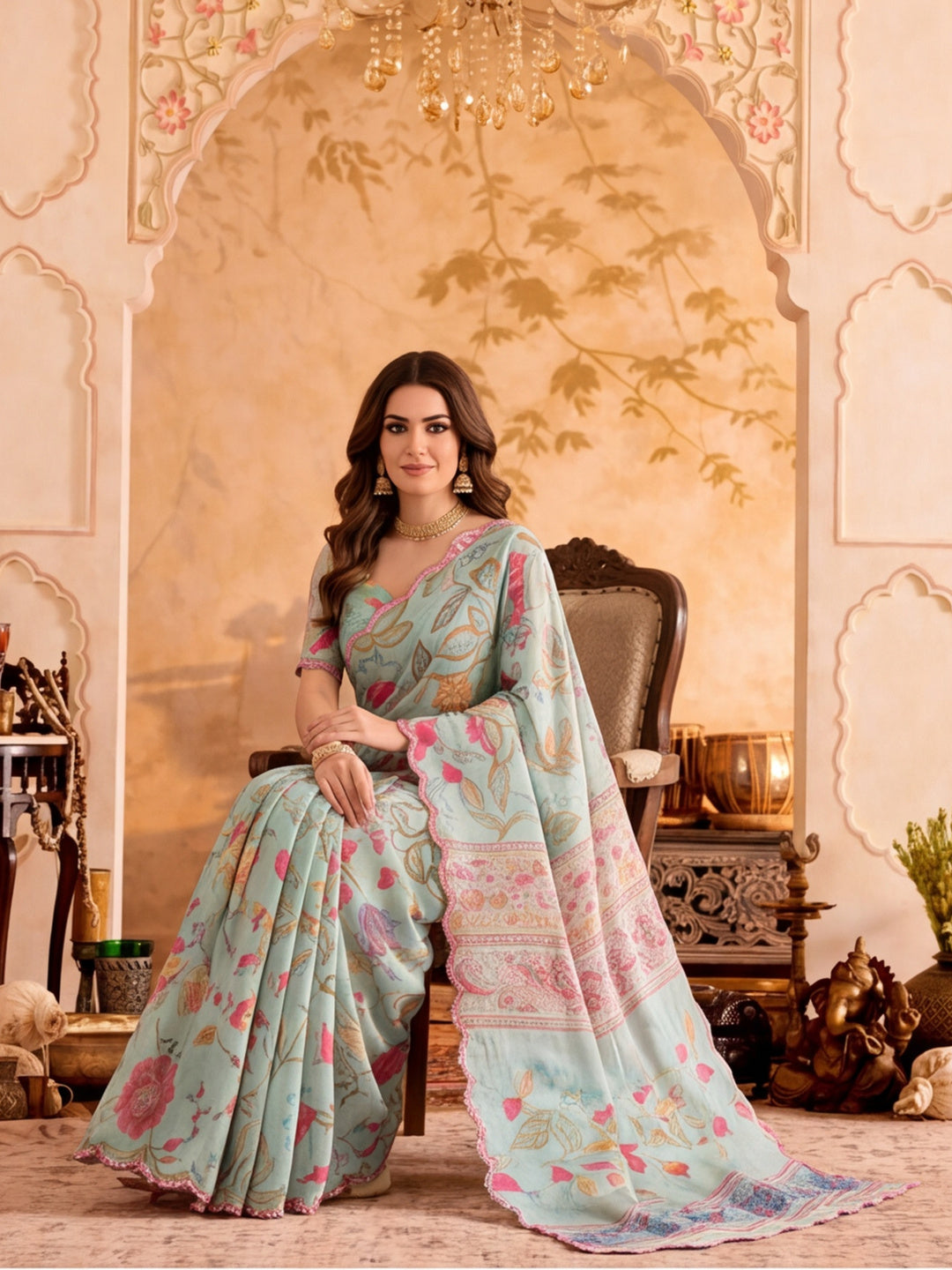 Women Lightweight Printed Beautiful Mirror Work Border Saree With Unstitched Blouse Piece