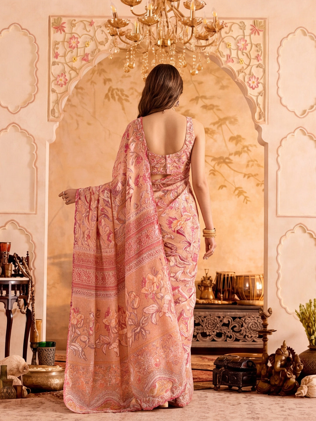 Women Lightweight Printed Beautiful Mirror Work Border Saree With Unstitched Blouse Piece