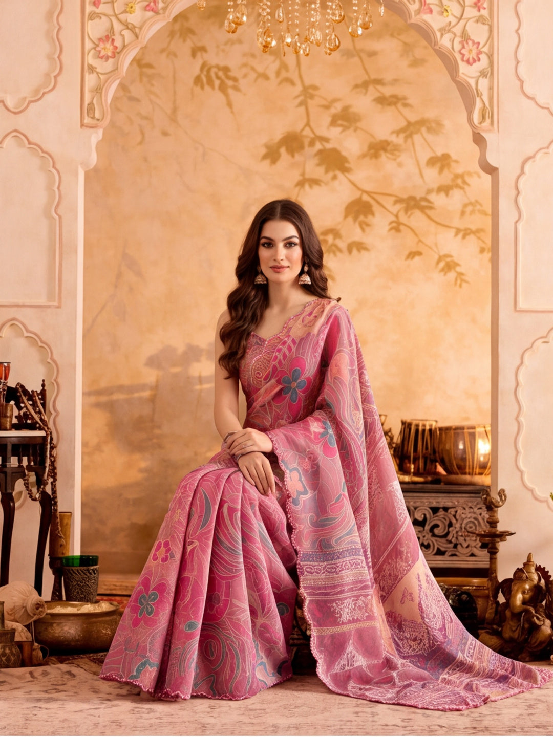 Women Lightweight Printed Beautiful Mirror Work Border Saree With Unstitched Blouse Piece