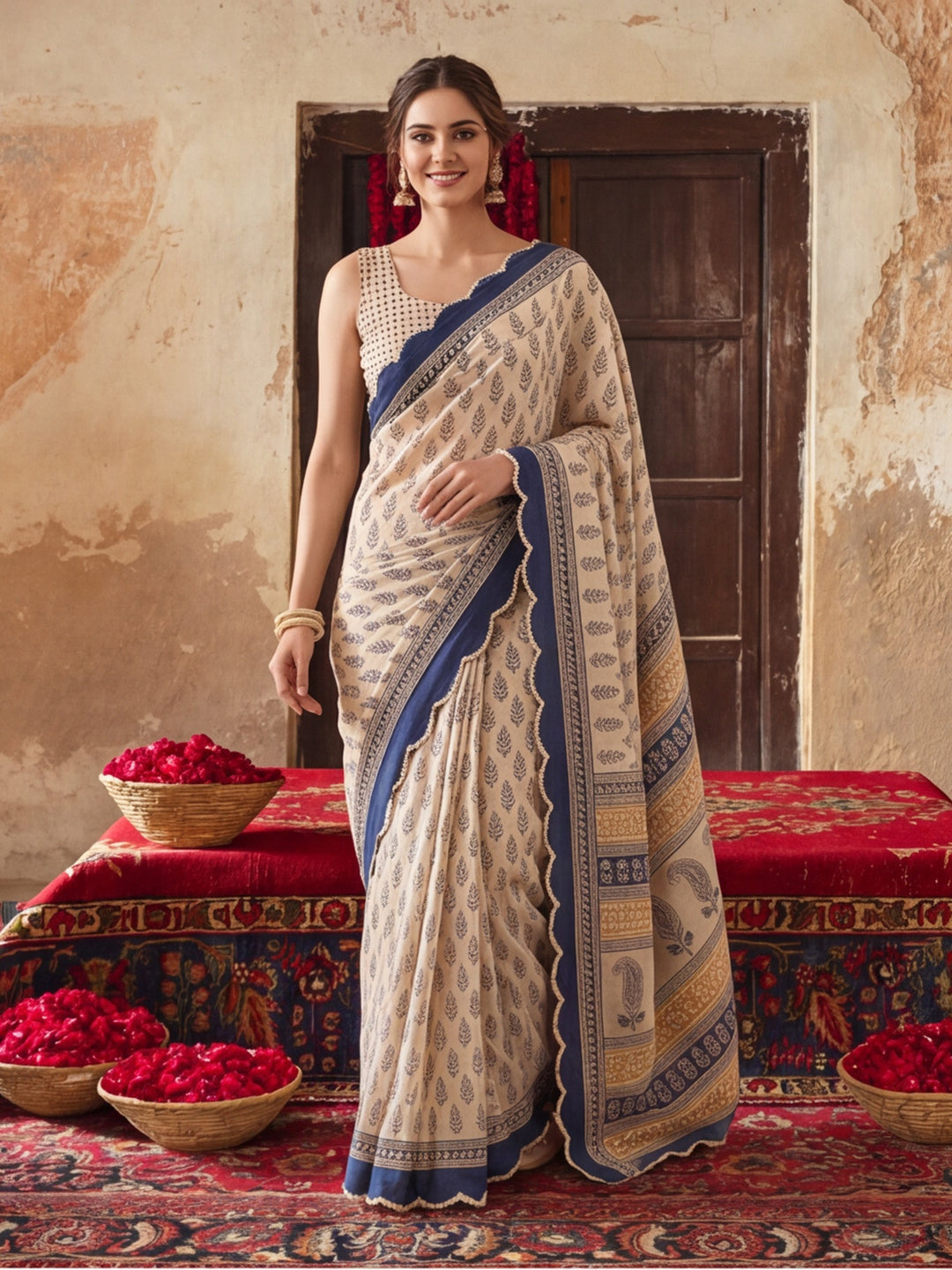 Women Lightweight Printed Beautiful Mirror Work Border Saree With Unstitched Blouse Piece