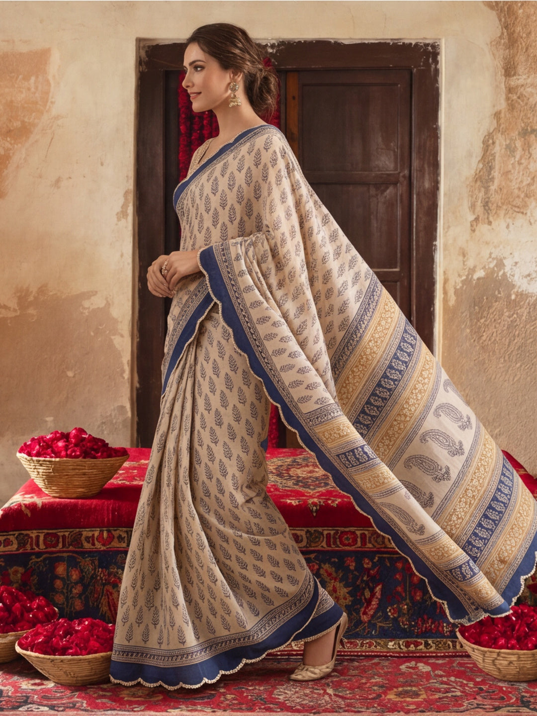 Women Lightweight Printed Beautiful Mirror Work Border Saree With Unstitched Blouse Piece
