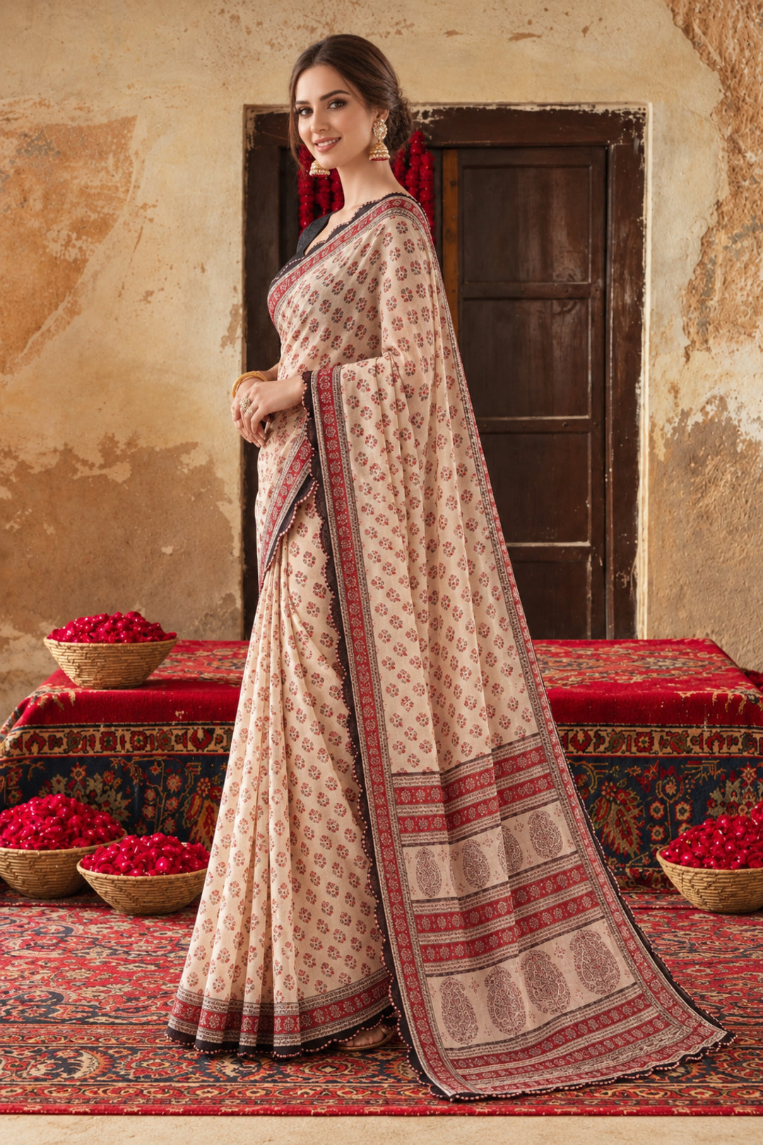 Women Lightweight Printed Beautiful Mirror Work Border Saree With Unstitched Blouse Piece