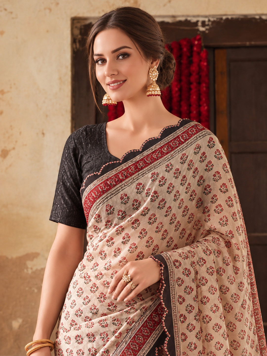 Women Lightweight Printed Beautiful Mirror Work Border Saree With Unstitched Blouse Piece