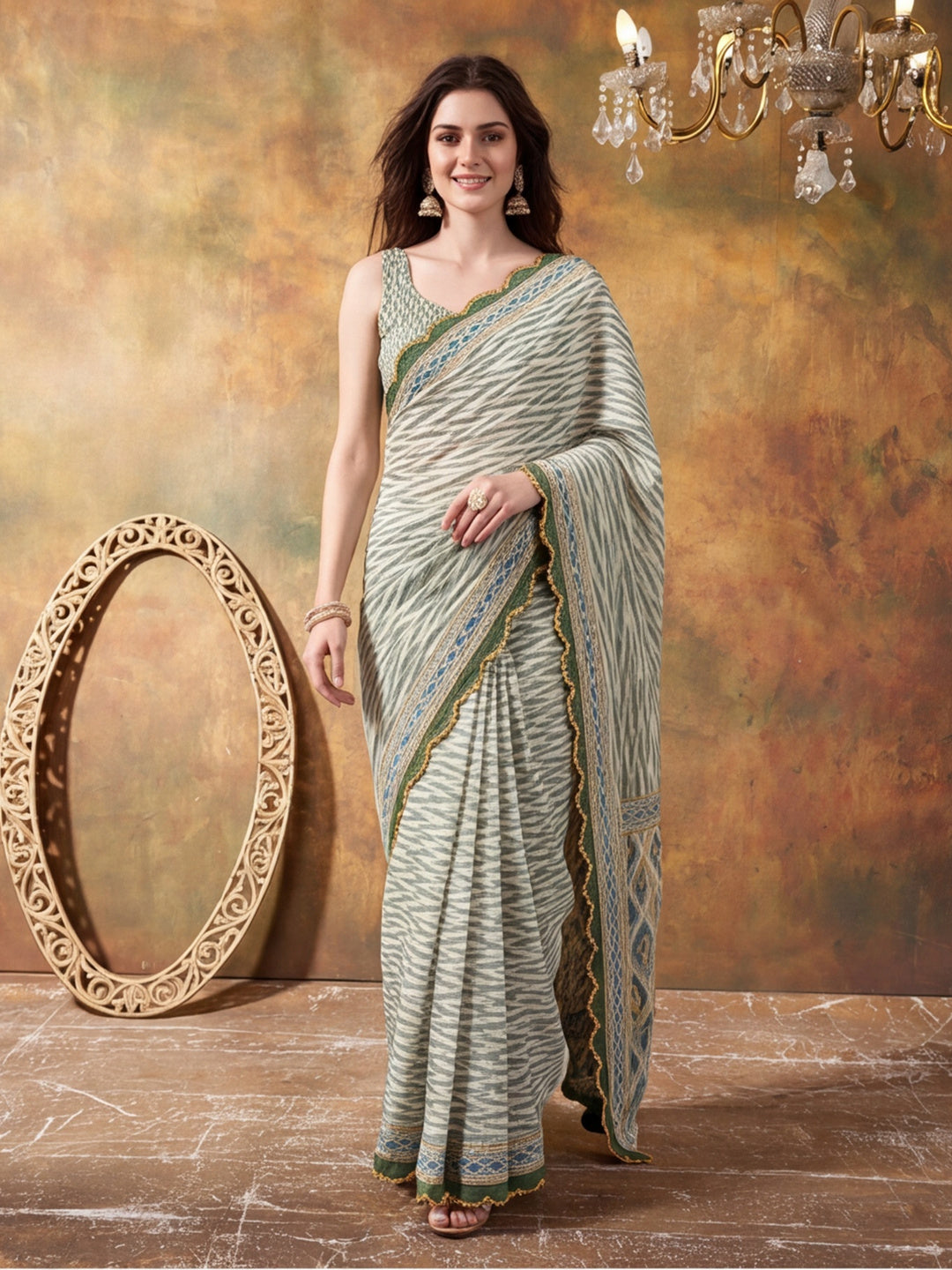 Women Lightweight Printed Beautiful Mirror Work Border Saree With Unstitched Blouse Piece