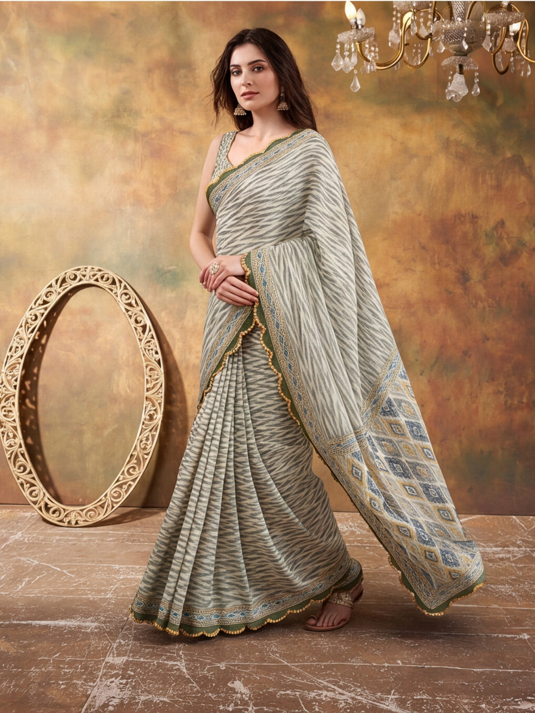 Women Lightweight Printed Beautiful Mirror Work Border Saree With Unstitched Blouse Piece