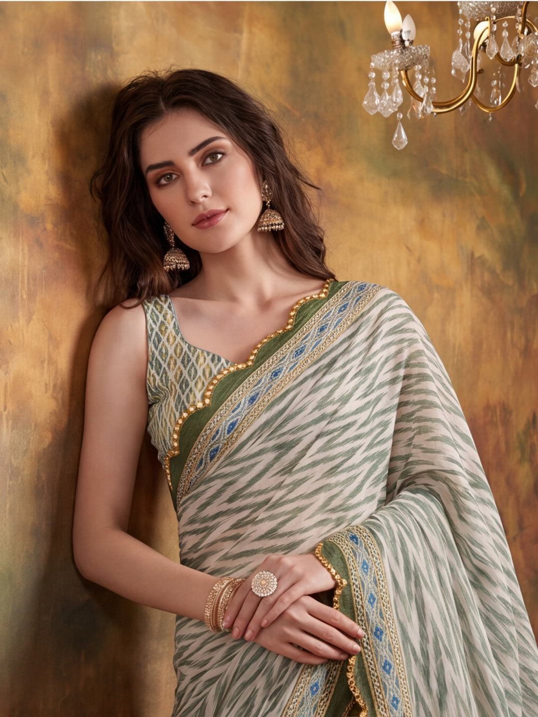 Women Lightweight Printed Beautiful Mirror Work Border Saree With Unstitched Blouse Piece