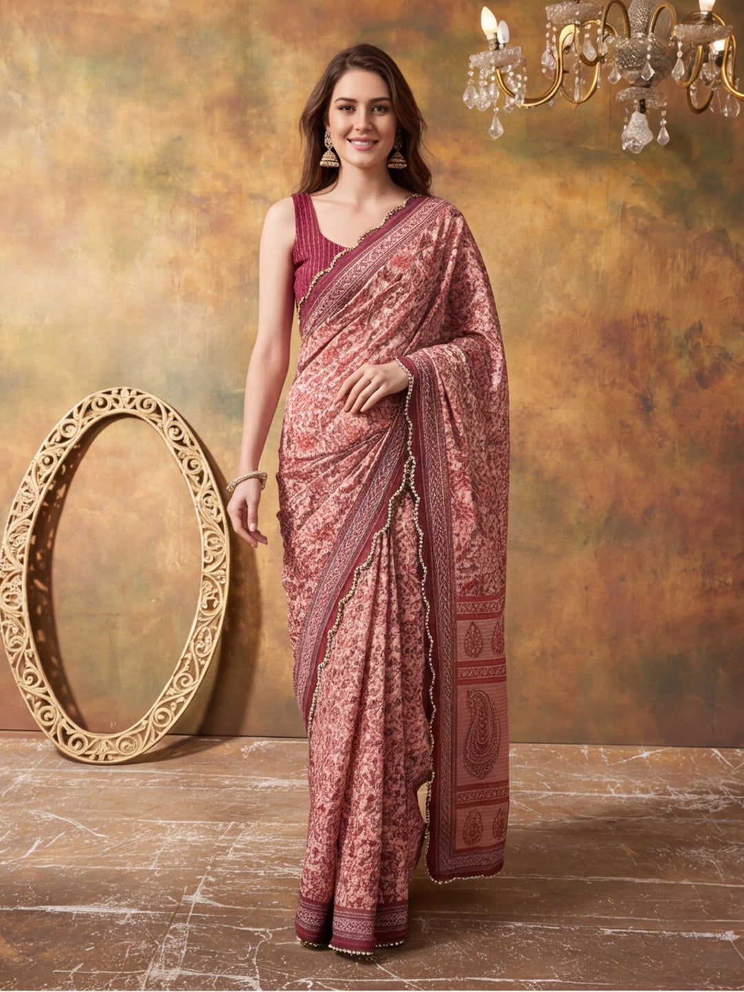 Women Lightweight Printed Beautiful Mirror Work Border Saree With Unstitched Blouse Piece