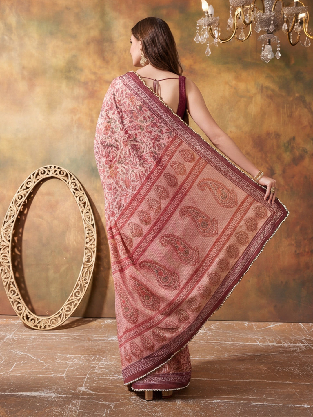 Women Lightweight Printed Beautiful Mirror Work Border Saree With Unstitched Blouse Piece