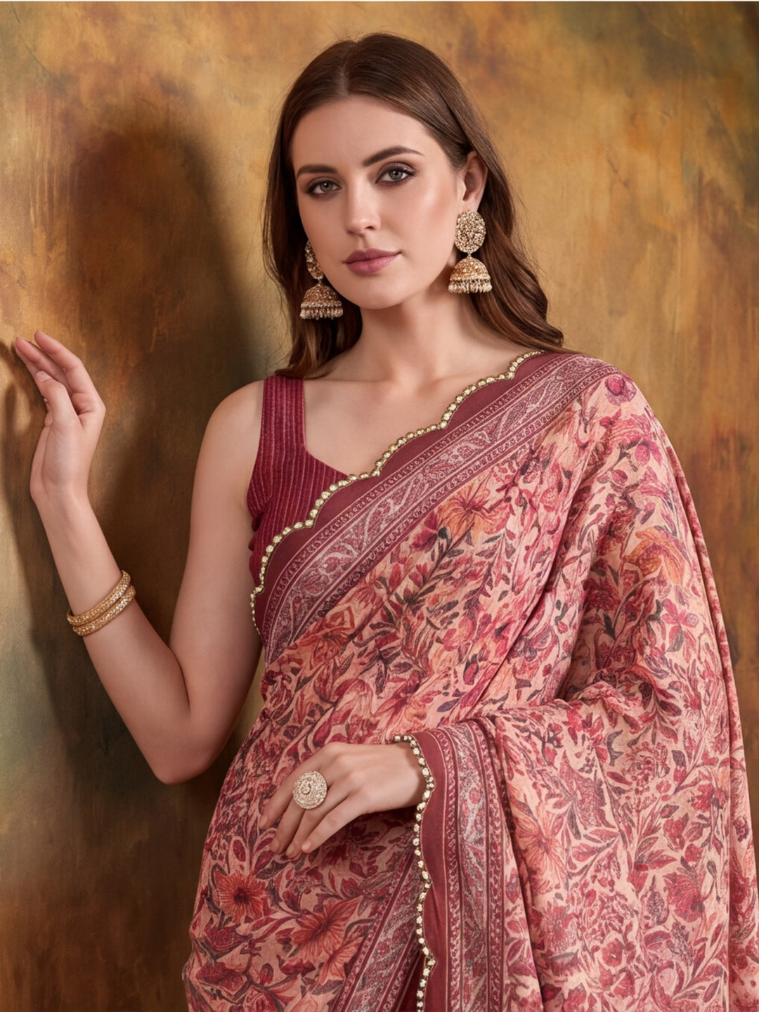 Women Lightweight Printed Beautiful Mirror Work Border Saree With Unstitched Blouse Piece