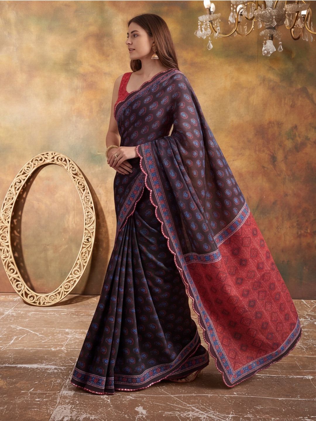 Women Lightweight Printed Beautiful Mirror Work Border Saree With Unstitched Blouse Piece