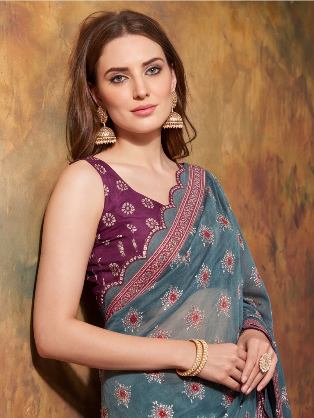 Women Lightweight Printed Beautiful Mirror Work Border Saree With Unstitched Blouse Piece
