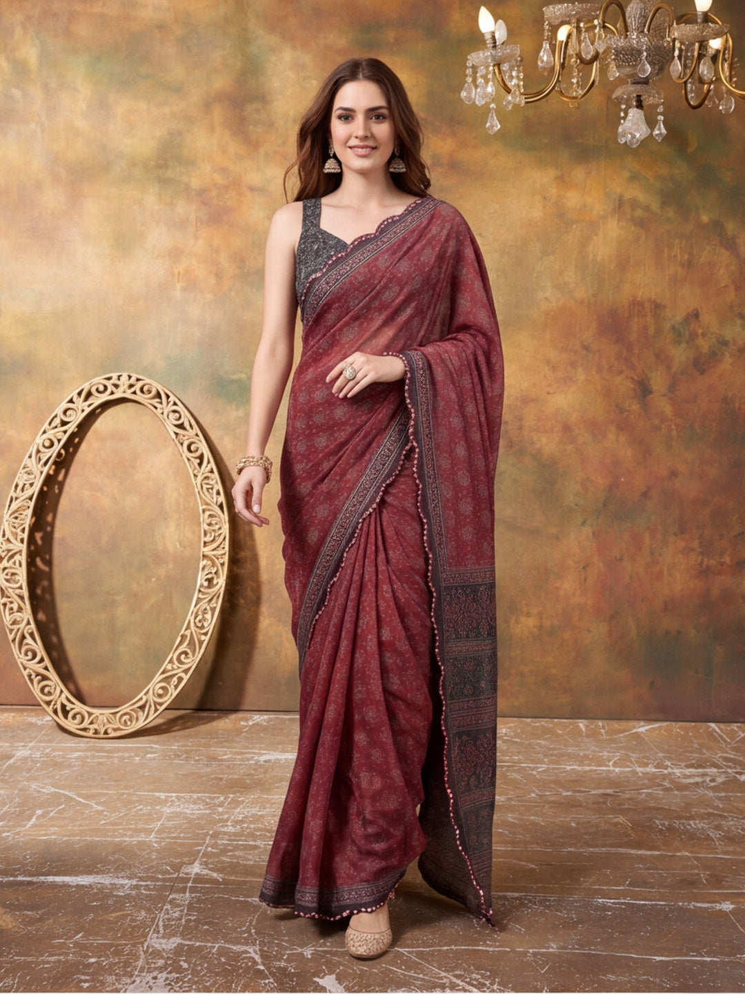 Women Lightweight Printed Beautiful Mirror Work Border Saree With Unstitched Blouse Piece