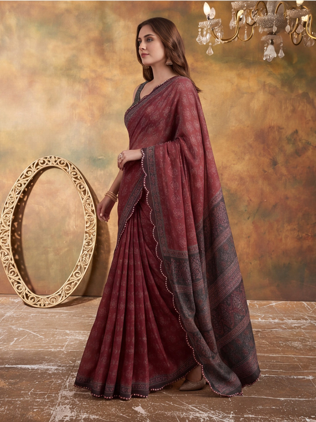 Women Lightweight Printed Beautiful Mirror Work Border Saree With Unstitched Blouse Piece