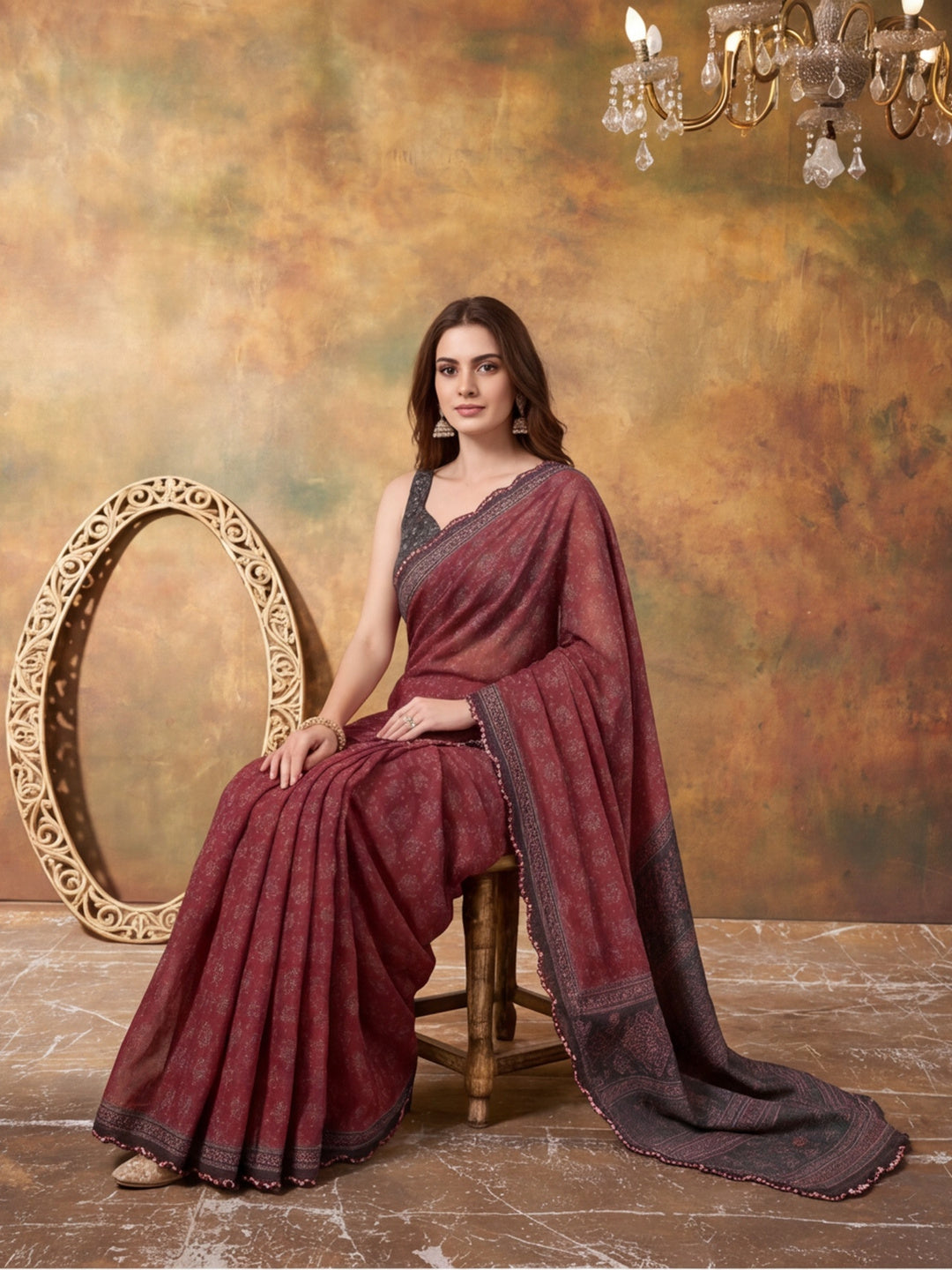 Women Lightweight Printed Beautiful Mirror Work Border Saree With Unstitched Blouse Piece