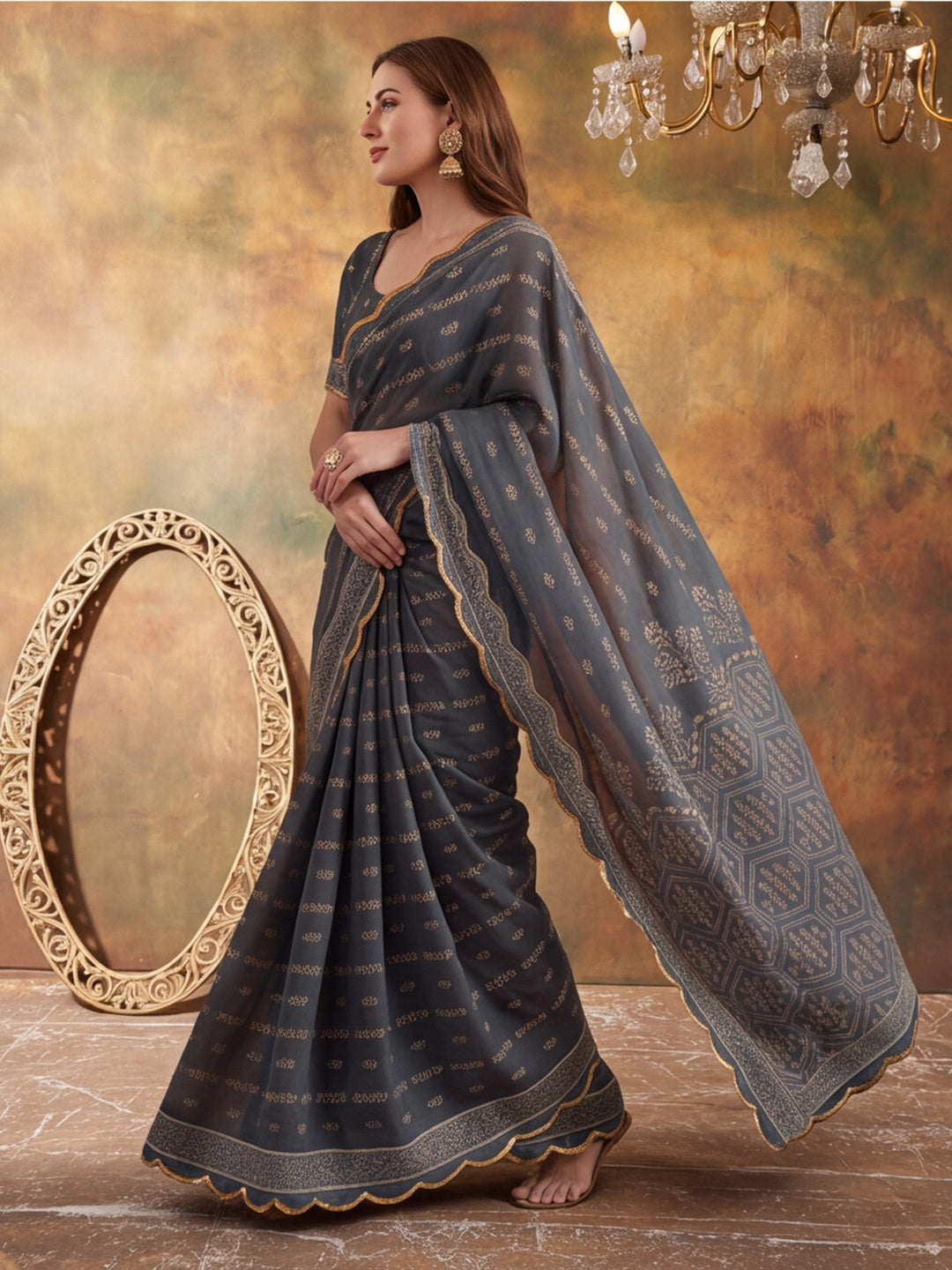 Women Lightweight Printed Beautiful Mirror Work Border Saree With Unstitched Blouse Piece